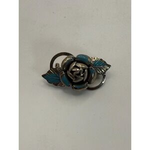 Vintage Blue Enamel Rose Brooch – Silver Tone Floral Pin